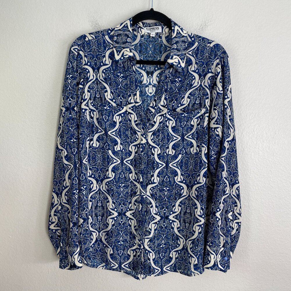 Express Portofino Shirt Womens Large Blue White Original Roll Tab Sleeve Blouse